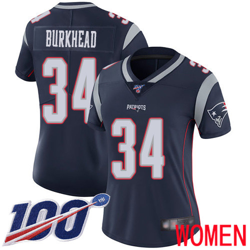 New England Patriots Football #34 100th Limited Navy Blue Women Rex Burkhead Home NFL Jersey->new england patriots->NFL Jersey